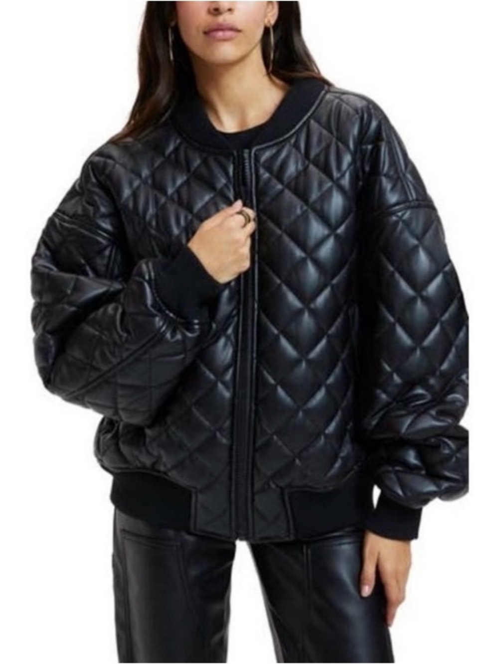 Good American Better Than Leather Quilted Bomber Jacket Womens 00/0 Black